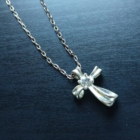 Silver Ribbon Cross Necklace with rhinestone center small significant choker - Picture 1 of 13